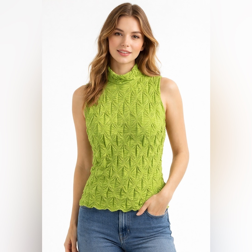 Anthropologie green mock neck sleeveless stretchy gathered top size small